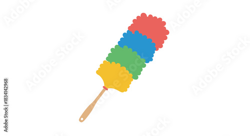 A colorful duster with red, blue, green, and yellow feathery strands and a wooden handle.