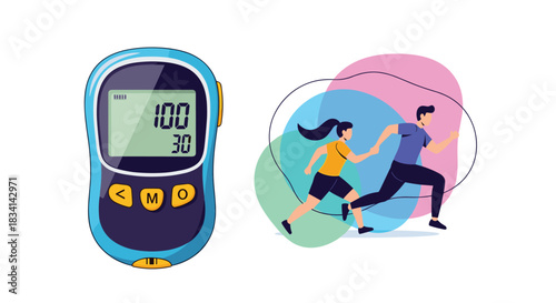 Digital glucose meter beside illustration of a couple running outdoors with colorful background shapes.