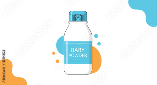 Illustration of a white bottle of baby powder with a blue lid and label.