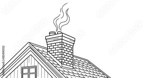 Illustration of smoke rising from a brick chimney on a rooftop.