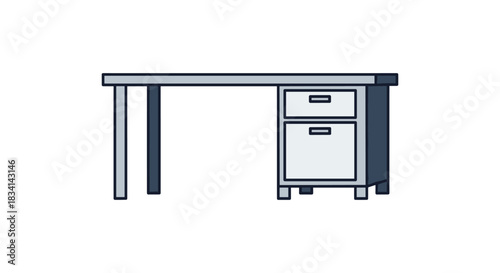 Simple cartoon illustration of a light gray desk with two legs and a drawer unit.