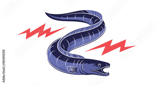 An illustration of a dark blue eel with a coiled body and sharp teeth, emitting red lightning bolts.