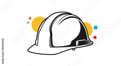 Illustration of a hard hat with colorful dots and circles in the background.