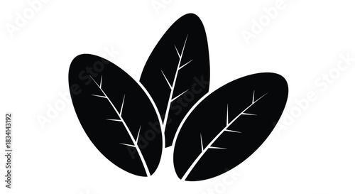Three black stylized leaves with visible veins on a white background.