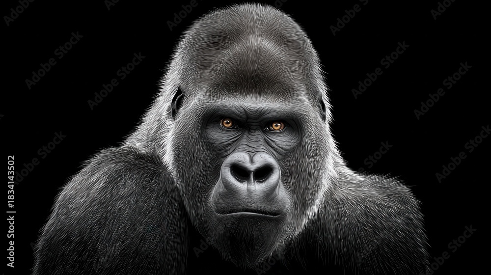 Fototapeta premium A striking close-up of a gorilla displaying intense facial features against a black background, showcasing its powerful presence.