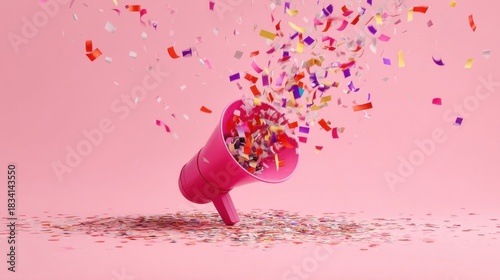 A pink bullhorn soaring midair with colorful confetti bursting out,