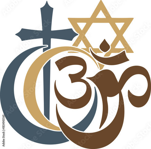Interfaith unity vector graphic depicting major religious symbols for global harmony and understanding