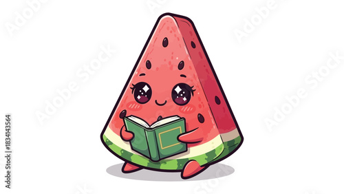 Cute watermelon reading a book: An adorable watermelon slice sits contentedly, engrossed in a book, showcasing the charm of imagination and the joy of reading.