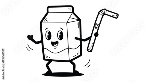 Dairy Delight: An illustration showing a cartoon milk carton and a straw. with charming expressions that bring a touch of playfulness.