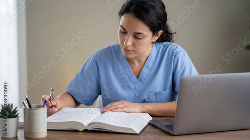 Focused healthcare worker in blue scrubs studying medical notes at desk with laptop in quiet home office environment