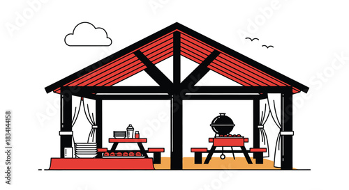 Illustration of outdoor picnic barbecue grill and shelter scene art