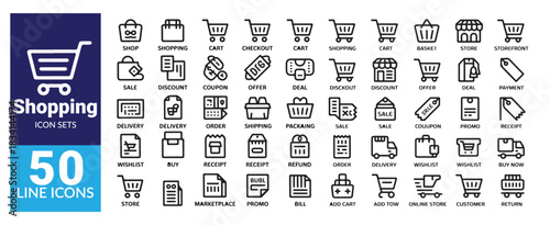 Shopping line icons set, collection of 50 outline style vector symbols for web, mobile, and print design