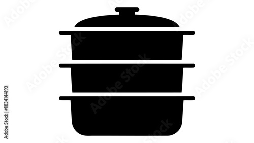 Black silhouette of a modern electric food steamer with three stacked steaming tiers and a lid perfect for healthy cooki