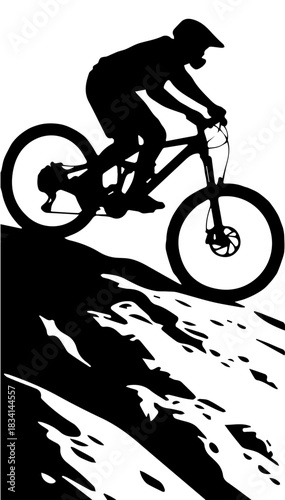A black and white illustration of a cyclist riding a bicycle over rough mountainous terrain and participating in a sports competition on an isolated white background. Vector graphics. EPS.