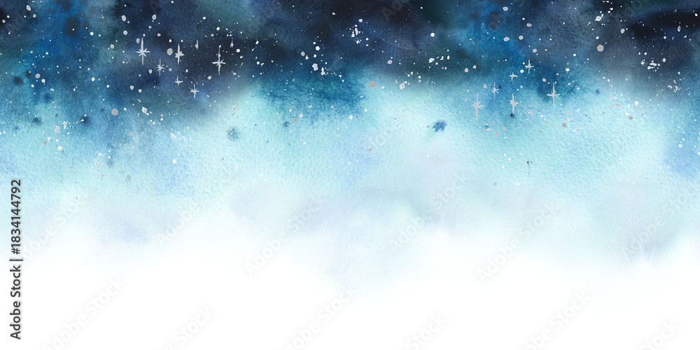 Obraz premium Watercolor star sky with sparkling dust and snowfall. Winter night wonderland washes texture. Festive Christmas, New Year background for greeting card. Hand drawn seamless border pattern illustration