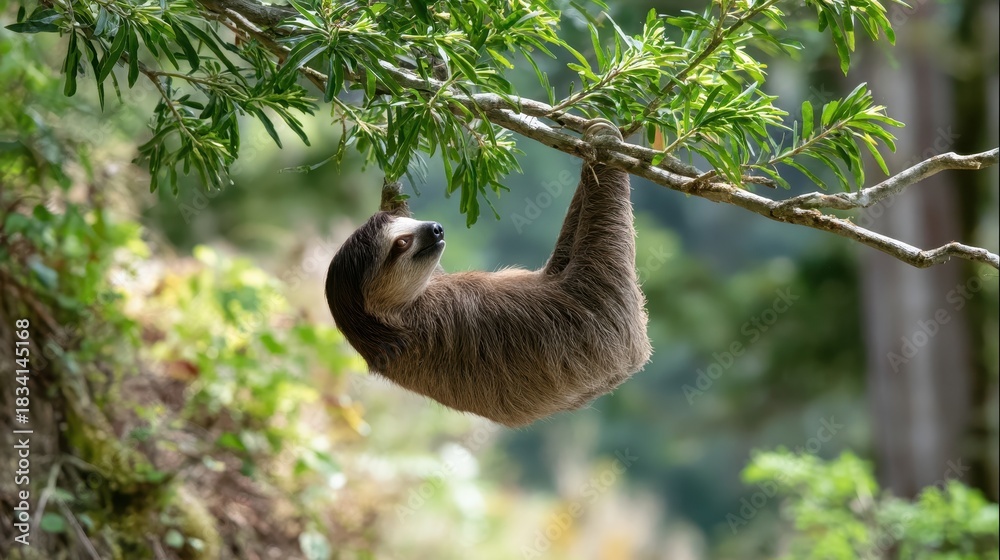 Obraz premium A sloth hangs lazily from a tree branch, surrounded by lush green foliage, exemplifying its slow and relaxed lifestyle in a vibrant natural habitat.