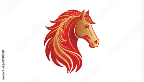 Majestic golden horse head illustration with fiery red and orange flowing mane, stylized power animal emblem design, isolated on white.
