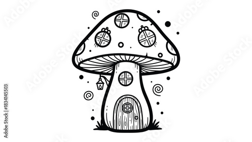 Whimsical Mushroom Home: A captivating illustration of a charming mushroom house, a whimsical dwelling perfect for fairy tales, adorned with intricate details and inviting design.