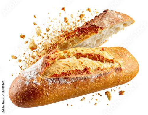 Single Baguette Slice with Dynamic Mid-Air Crumb Explosion, Close-Up View, Isolated (2)