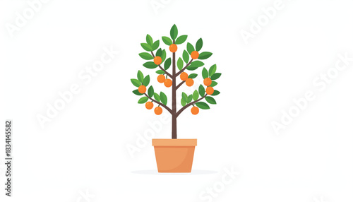 Flat Vector Illustration of a Potted Orange Tree. Small Citrus Plant with Ripe Fruits and Green Leaves in a Terracotta Pot. Garden and Home Decor Element.