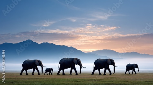 A serene sunset scene featuring a herd of elephants walking across a grassy plain, with mountains silhouetted in the background.