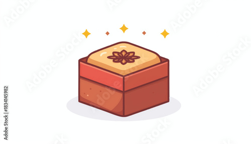 Delicious Baklava Dessert Square with Golden Topping and Floral Pattern, Sparkling Sweet Pastry Illustration Isolated on White