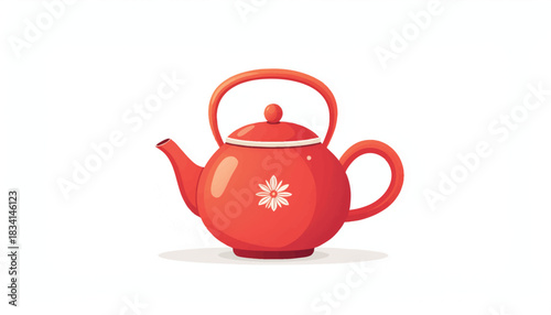 Elegant red teapot vector illustration with a delicate white floral or snowflake pattern, perfect for tea, kitchen, and beverage concepts.