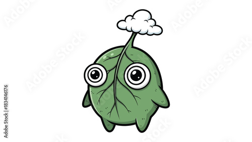 Cute Leaf Character: An adorable cartoon character, embodies the charm of a leaf, complete with whimsical eyes and a small cloud, exuding an aura of innocent joy and playful wonder.