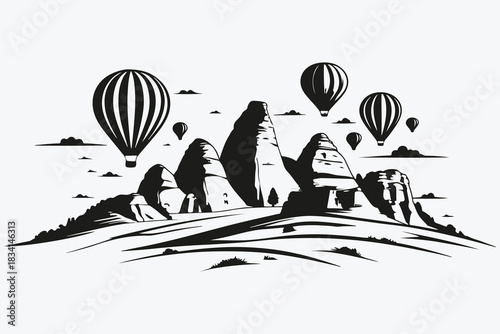 Cappadocia landscapes with hot air balloons sketch illustration vector
