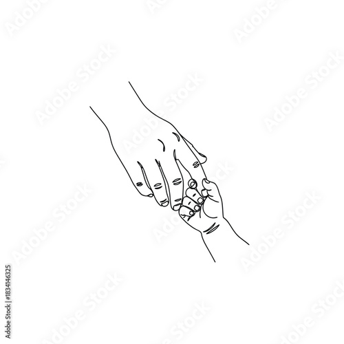 Baby hand holding parent finger continuous line art vector illustration