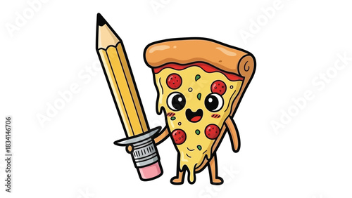 Pizza's Creative Slice: A cartoon illustration of a cheerful pizza slice brandishing a pencil sword, playfully embodying the concept of creative action.