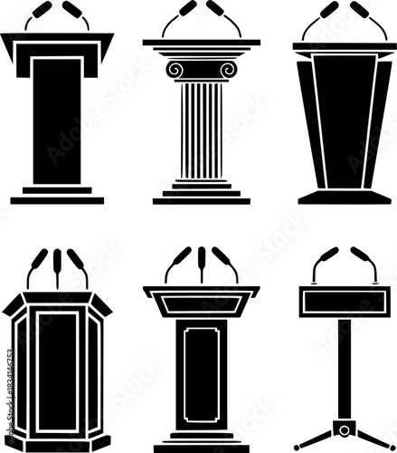 Collection of Six Black Silhouettes of Lecterns with Microphones