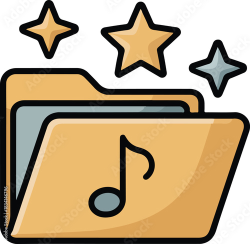 Open folder vector icon with a musical note inside and three shining stars above representing a media collection