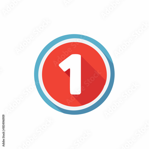 Modern flat design icon of the number one in a round button with a long shadow effect