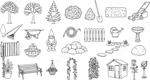 Garden Elements Line Art: Trees, Plants, Furniture  Tools Vector Set