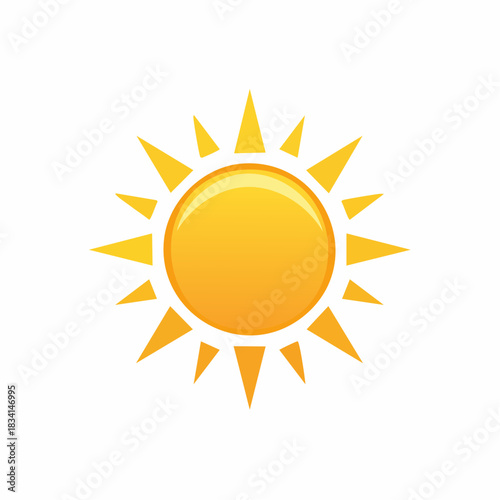 Cartoon sun icon with radiating yellow rays and warm orange glow, isolated