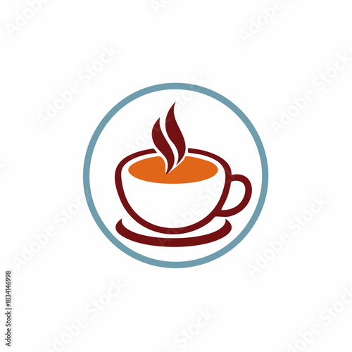 Steaming hot coffee cup and saucer icon inside a blue circular graphic design element.