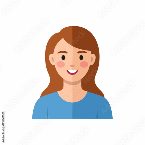 Illustration of a friendly woman with auburn hair and smiling face wearing a blue shirt