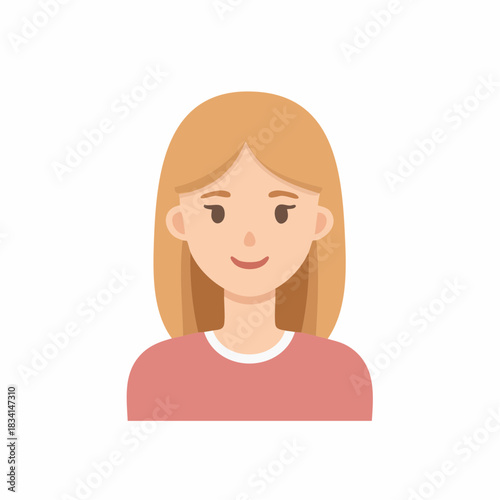 Blonde woman avatar with cheerful face and pink shirt, simplified graphic character with neutral expression