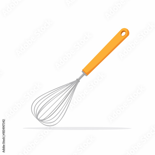 Modern kitchen whisk with vibrant orange handle, essential utensil for baking and culinary mixing
