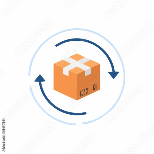 Circular delivery and return process icon with a cardboard package for online shopping logistics
