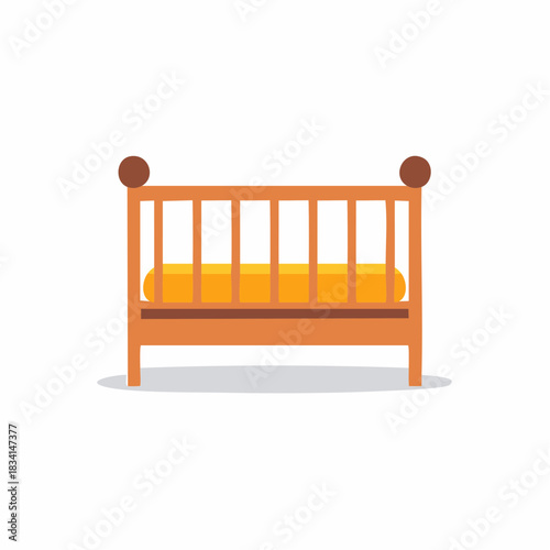 Empty wooden baby crib with a soft yellow mattress for nursery