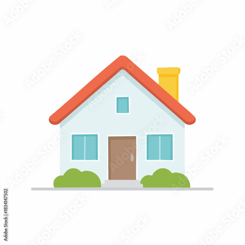 Simple House Illustration with Red Roof and Bushes Minimalist Design
