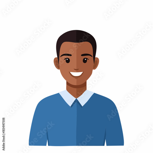 Smiling man wearing a blue collared shirt, flat vector illustration