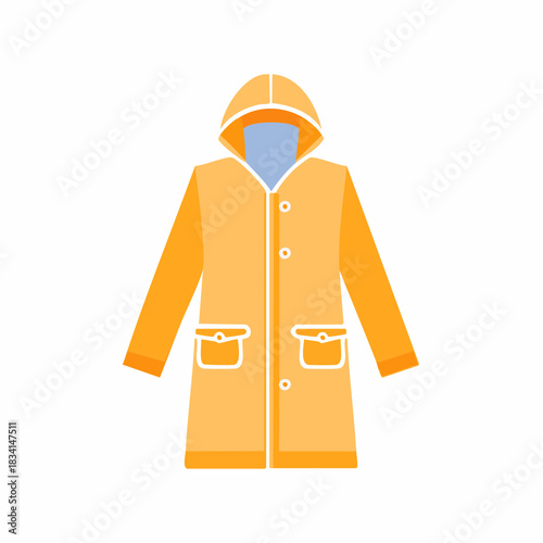 Bright Yellow Hooded Raincoat with Pockets and Buttons Flat Illustration