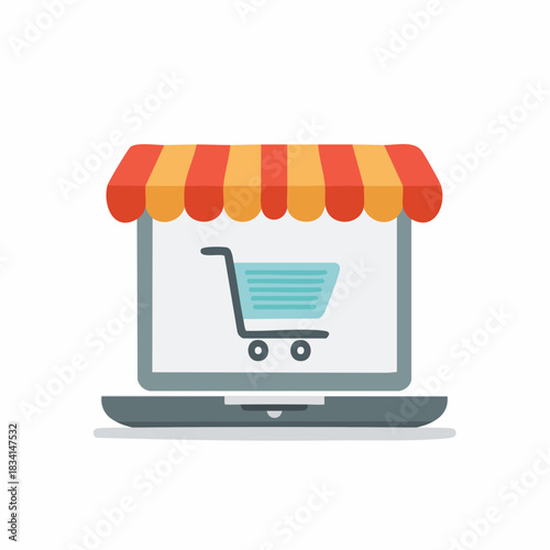 Laptop computer with a storefront awning and shopping cart icon on the screen symbolizing online shopping