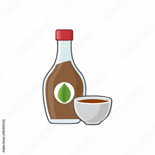 Flat vector illustration of a soy sauce bottle and dipping bowl for Asian cuisine