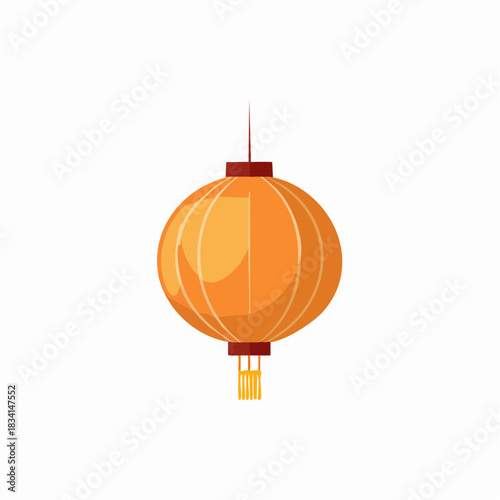 Bright orange paper lantern with gold tassel detail hanging isolated