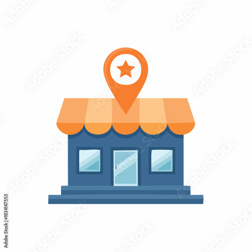 Favorite retail store location map pin with a star symbol over a charming shop building icon