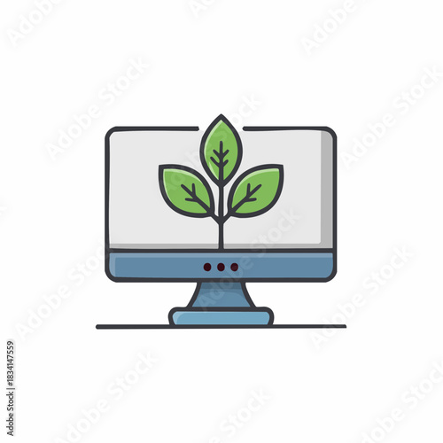 Green plant sprouting from computer screen representing technology nature integration